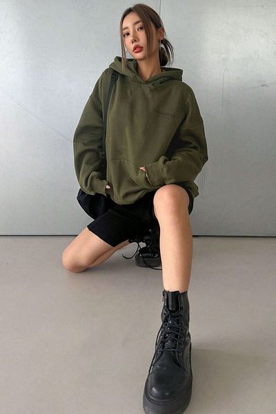 Harmandar Three Thread Courageous Printed Women's Grass Kangaroo Pocket Hooded Sweatshirt Hoodie