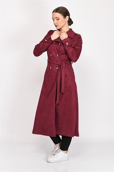 Nuseel Double Breasted Collar Faux Suede Trench Coat Claret Red