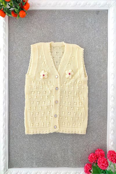 dubi baby Ecru Color Front Buttoned Knitted Girls' Knitwear Vest