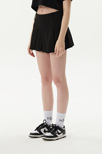 No1You Kadın Mini Pileli %100 Pamuk Siyah Şort Etek