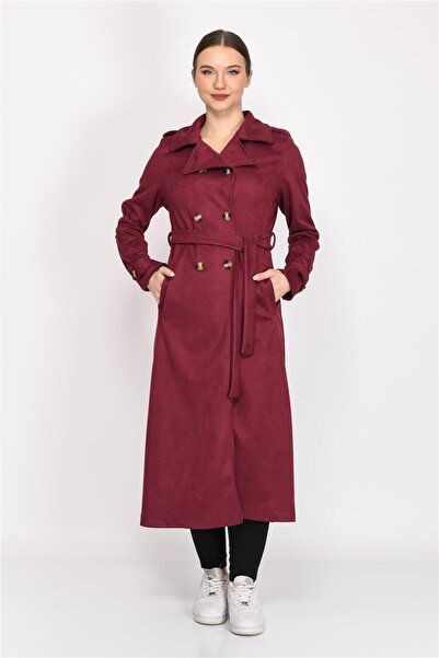 Nuseel Double Breasted Collar Faux Suede Trench Coat Claret Red