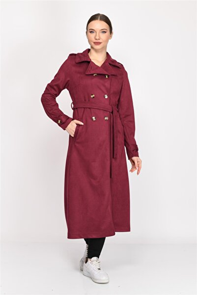 Nuseel Double Breasted Collar Faux Suede Trench Coat Claret Red
