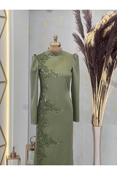 Surikka Χακί Πράσινο Μουσουλμανικό Βραδινό Φόρεμα - Μπροστινό Απλικέ Μολύβι Ημισέληνος