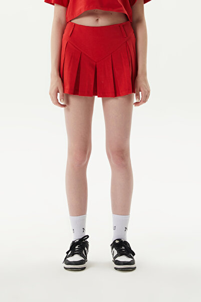 No1You Kadın Mini Pileli %100 Pamuk Kırmızı Şort Etek