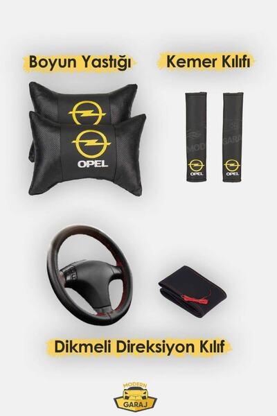Modern Garaj Opel Astra, Corsa, Vectra Uyumlu Logolu Yastık, Kemer, Oto Koltuk Kılıf Seti