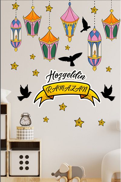 Sim Tasarım Welcome Ramadan Colorful Lantern Pendant Lamp Birds Decorative Glass Wall Sticker Set