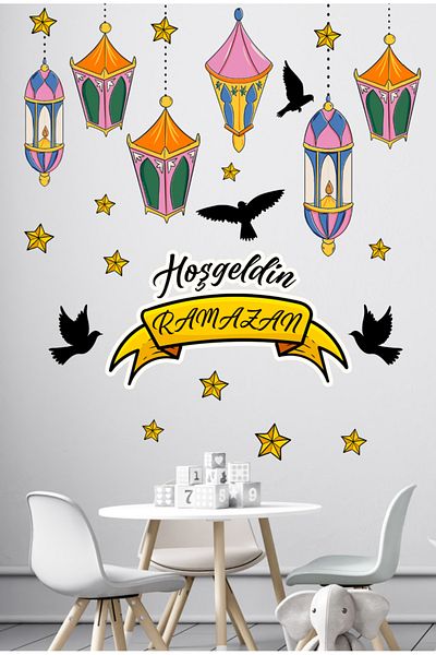 Sim Tasarım Welcome Ramadan Colorful Lantern Pendant Lamp Birds Decorative Glass Wall Sticker Set