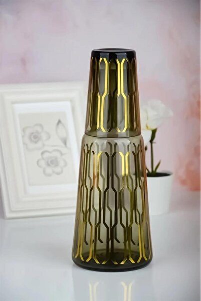 Tiesa Home Altıgen Motifli Yaldızlı Cam Bardaklı Başucu Sürahisi 1 L Gri