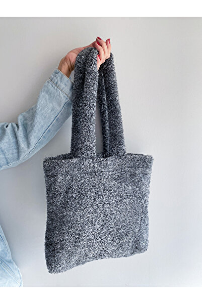 Anı Home Gri Kırçıllı Peluş Siyah Astarlı Teddy Omuz Çantası