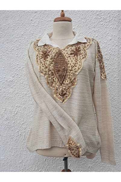 Hippybutik Hint Sırma Tel Elde İşlemeli İnce Triko Altın Kırçıllı Hazır Kazak