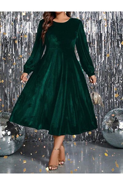 Styling Park Balon Kol Midi Boy Kadife Elbise