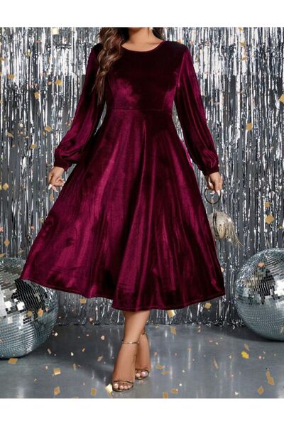 Styling Park Balon Kol Midi Boy Kadife Elbise