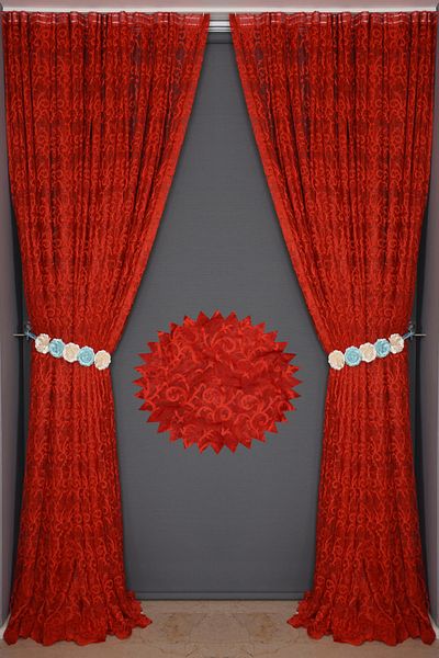 AKÇA TEKSTİL Shawl RED COLOR SINGLE WING Ready planted Pleated Background Curtain 300*260 cm