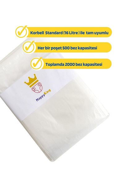 NappyKing Korbell Garbage Bag, 15/16lt Compatible, 4 Pieces - 2,000 Diapers Capacity, Ideal for Dirty Baby Diapers