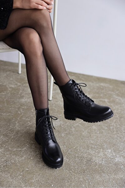selinshoes Pablo Deri Bağcıklı Kadın Bot - SİYAH
