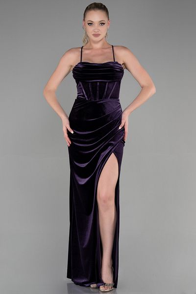Abiyefon Long Velvet Evening Dress - Purple Leg Cut, Ballet Corset ABU3395