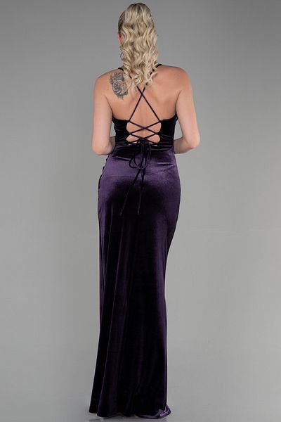 Abiyefon Long Velvet Evening Dress - Purple Leg Cut, Ballet Corset ABU3395