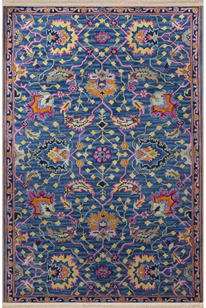 Rugs Modern Halı Mavi Temalı Çok Renkli Motifli Etnik Çiçek Desenli Kreatif V...