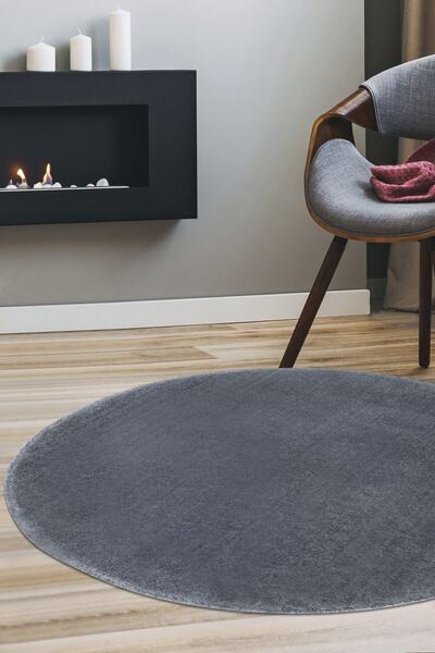 Dijidekor سجادة منسوجة مستديرة بلون البرقوق باللون الرمادي الداكن، ملمس ريش أ...