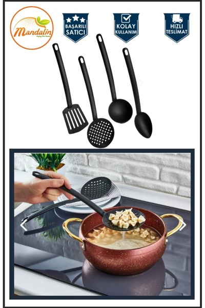 mandalin reklam Tangerine Practical Fireproof Non-Stick Teflon Serving Set Durable Ladle Colander Spatula Spoon 4-Piece Black