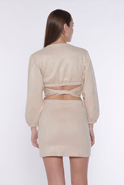 SOLİLDE Fusta mini cu detaliu din piele intoarsa