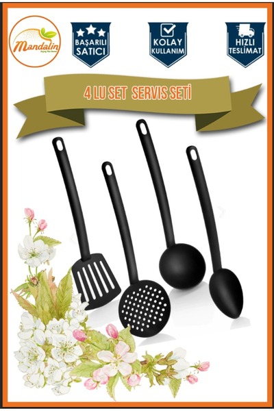 mandalin reklam Tangerine Practical Fireproof Non-Stick Teflon Serving Set Durable Ladle Colander Spatula Spoon 4-Piece Black