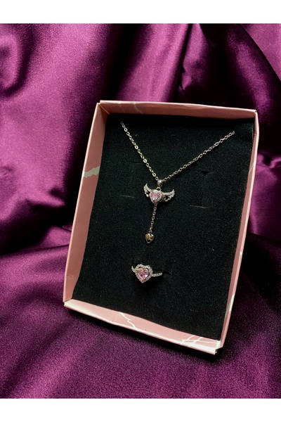 Çelik Kanatlı Kalp Kolye Yüzüğü Set (AYARLANABİLİR) Sevgili Yüzüğü