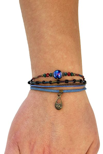 etniko Women's Blue Beaded Chain Detailed Suede Leather Handmade Bracelet