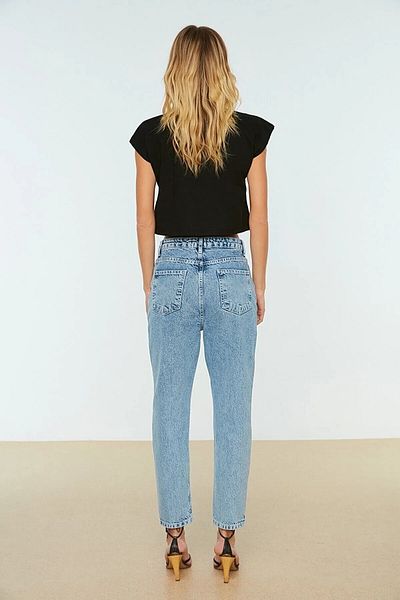 MAKRAS EXCLUSIVE Penelope anii 90 cu talie înaltă Lycra Mom Jean - Pantaloni Boyfrend albaștri spălați cu zăpadă