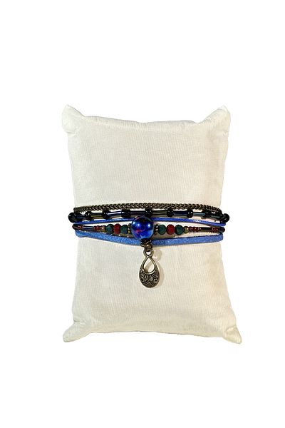 etniko Women's Blue Beaded Chain Detailed Suede Leather Handmade Bracelet