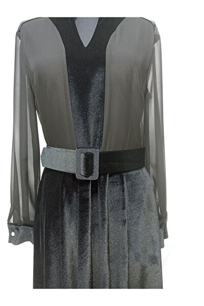 star form Kadife Şifon Detaylı Kemerli Elbise