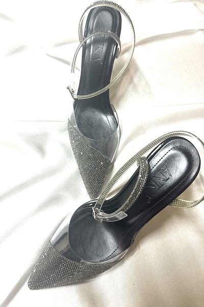 TrendyAnka Transparent Black Crystal Jewelled 8 Cm Transparent Goblet Heeled Wedding Engagement Evening Dress Shoes
