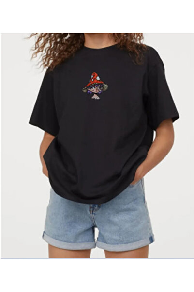 Pelna T-Shirt oversize siyah mantar kız baskılı bisiklet yaka