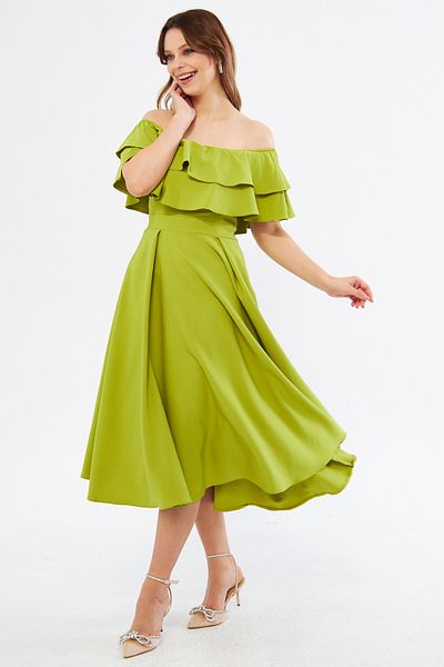 Bidoluelbise Pistachio Green Ruffle Neckline Off Shoulder Flowy Woven Fabric Midi Length Homecoming & Evening Dress