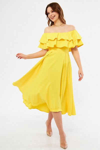 Bidoluelbise Yellow Ruffle Neckline Off Shoulder Flowy Woven Fabric Midi Length Homecoming & Evening Dress
