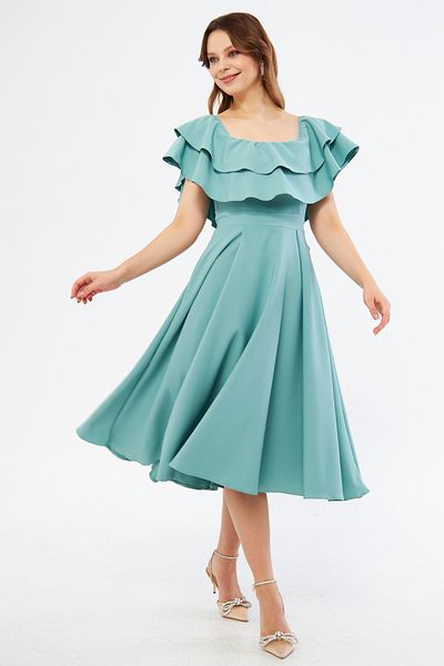 Bidoluelbise Mint Green Ruffle Neckline Off Shoulder Flowy Woven Fabric Midi Length Homecoming & Evening Dress