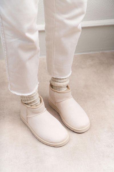 Anıl Ayakkabı Beige Cream Suede Women's Boots - Half Size, Mini Size, Furry Flat Sole