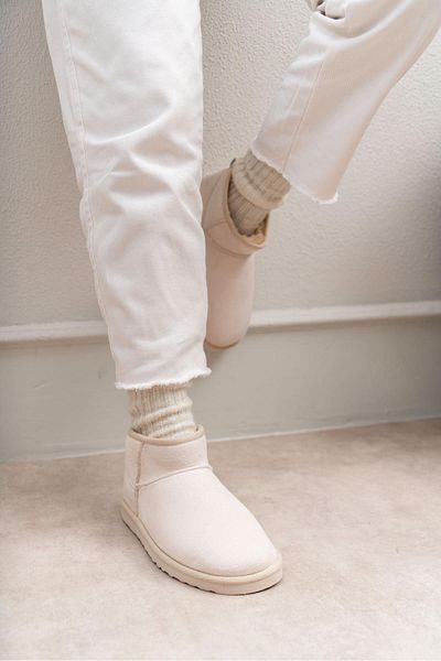 Anıl Ayakkabı Beige Cream Suede Women's Boots - Half Size, Mini Size, Furry Flat Sole