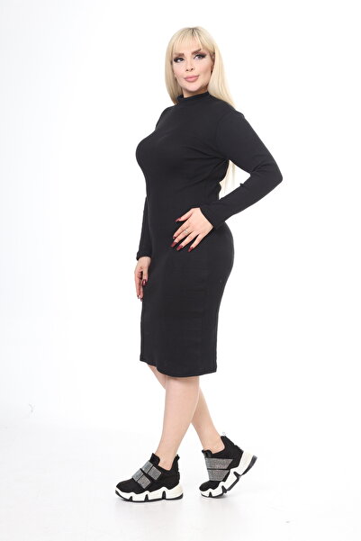 MJORA Black Stand Collar Midi Knitted Dress