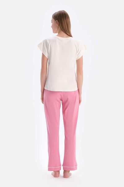 Dagi Ecru Short Sleeve Track Printed T-shirt Pants Pajama Set