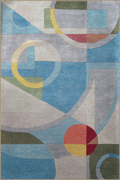 Rugs Modern Halı Синьо-тематичен многоцветен килим с геометрични форми и шарк...