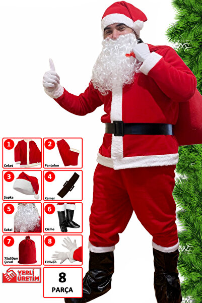 KostümPartim Noel Baba Kıyafeti Lüx Tamtakım 8li Set Yetişkin Kostümü