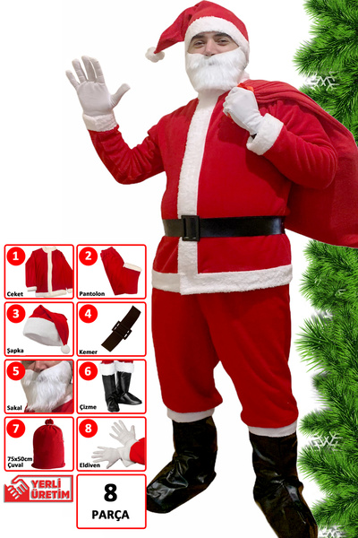 KostümPartim Noel Baba Kostümü 8parça Yetişkin Kıyafeti Seti
