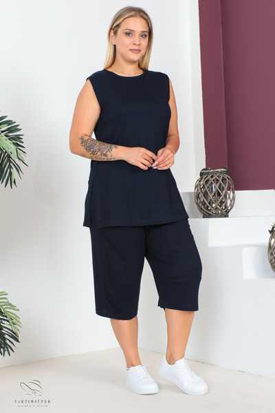 tarzımsüper Plus Size Comfort Model Capri 2-Piece Suit with Elastic Waist and Pocket Capri Shorts Top-Top 2-Piece Set