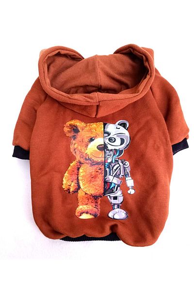 PATİBÖR BearRobo Brown 100% Cotton Fabric Dog Apparel Hooded Sweatshirt with Fleece Inside