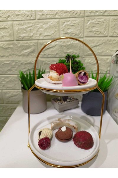 devigo 2 Tiers Round Presentation Rack 2 Tiers Gold Detailed Round Plate Presentation Stand