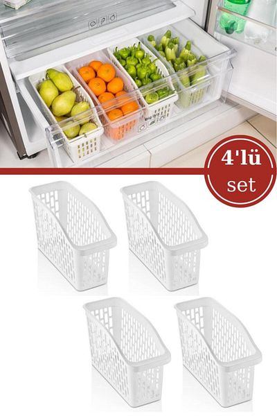 Flosoft 4 Pieces of Refrigerator Basket, Kitchen Bathroom Cabinet Organizer Set of 4 (13X30X16CM)
