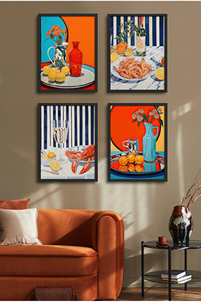 HOMEPACK 4 Parça Çerçeveli Tablo Seti Sunum, Vazo, Şarap, Poster Tablo D-041