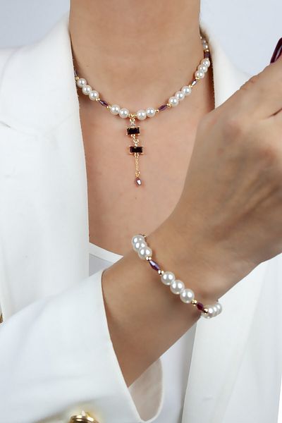 Liveyn Design Baguette Tip Glass Pearl Necklace and Bracelet Set