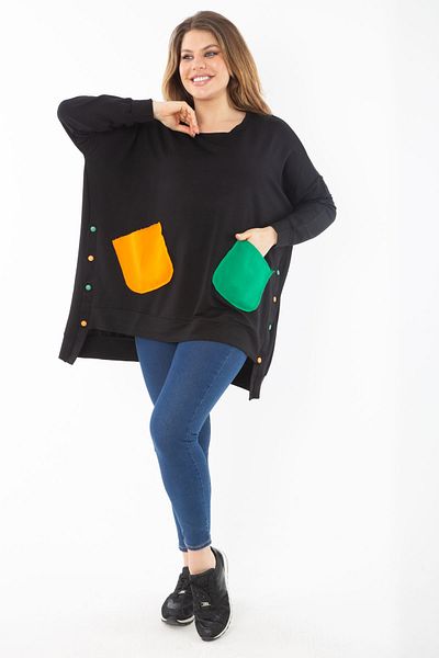 Şans Women's Large Size Black Comfortable Cut Color Combination Sweatshirt 65N37288